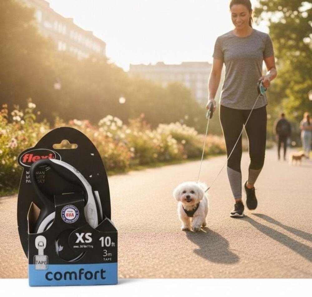 Flexi New Comfort XS Retractable Tape Leash, 10 ft (3m), Black